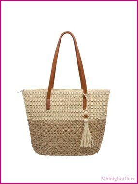 Straw Woven Beach Shoulder Bag Foldable Raffia Tote with Zipper